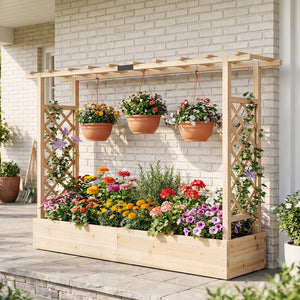 45 Inch Tall Wooden Raised Garden Bed with Side Trellis and Hanging Roof Drainage Holes-Natural