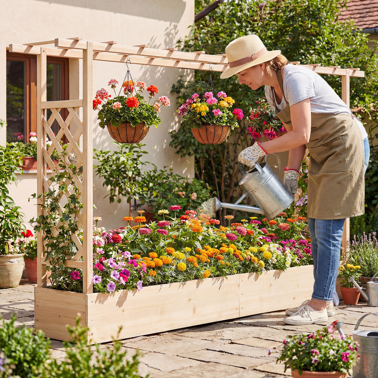 45 Inch Tall Wooden Raised Garden Bed with Side Trellis and Hanging Roof Drainage Holes-Natural
