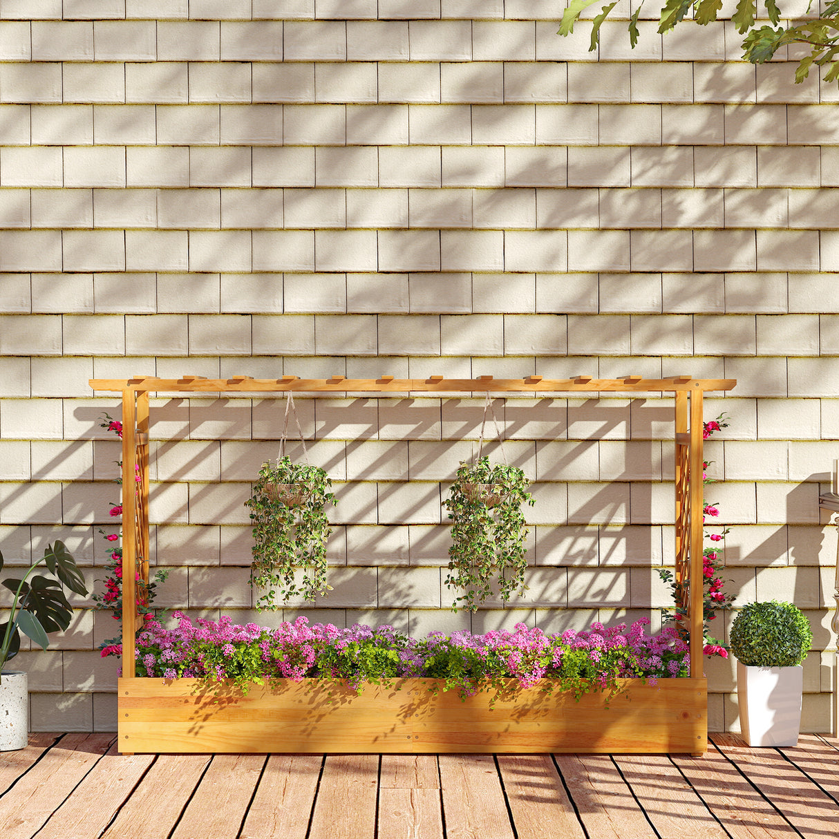 45 Inch Wooden Raised Garden Bed with Lattice Trellis for Outdoor-Natural