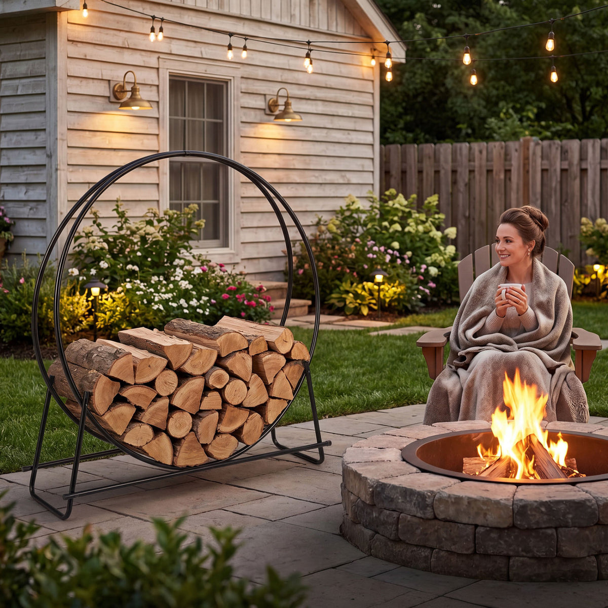 45" Round Firewood Rack with Heavy-Duty Metal Frame