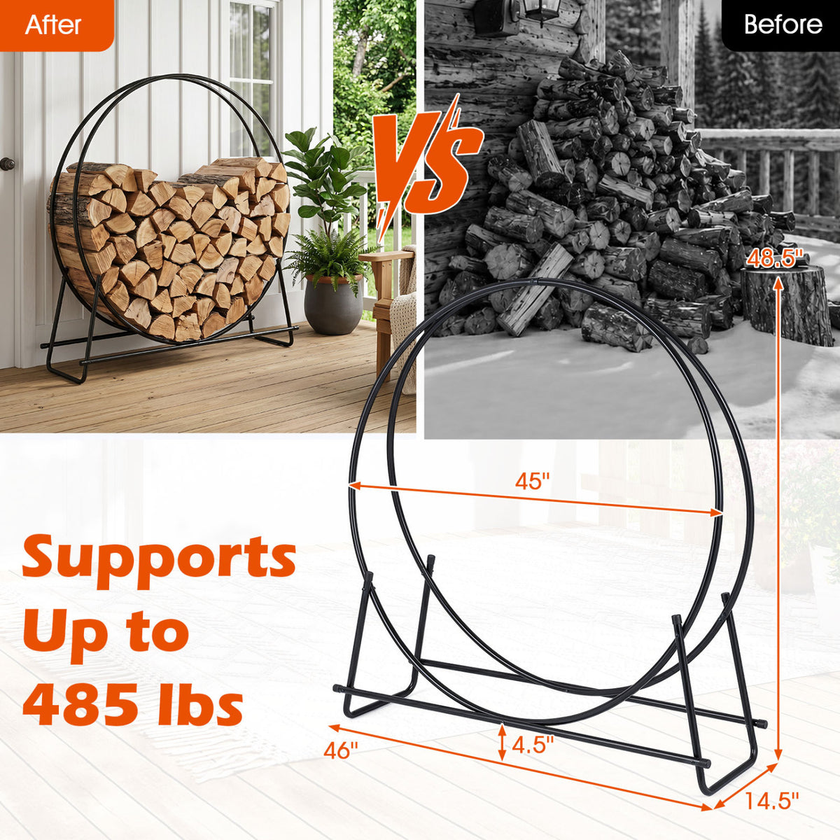45" Round Firewood Rack with Heavy-Duty Metal Frame