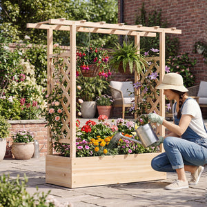 45 inch Tall Wooden Raised Garden Bed with Side Trellis and Hanging Roof-Natural
