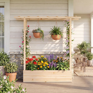 45 inch Tall Wooden Raised Garden Bed with Side Trellis and Hanging Roof-Natural