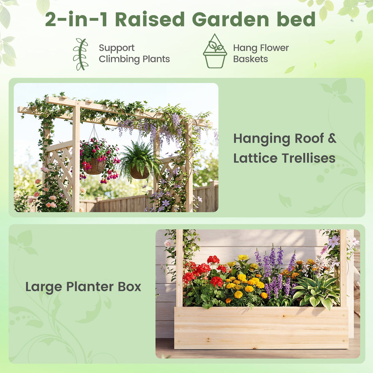 45 inch Tall Wooden Raised Garden Bed with Side Trellis and Hanging Roof-Natural