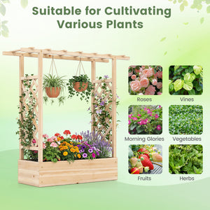 45 inch Tall Wooden Raised Garden Bed with Side Trellis and Hanging Roof-Natural