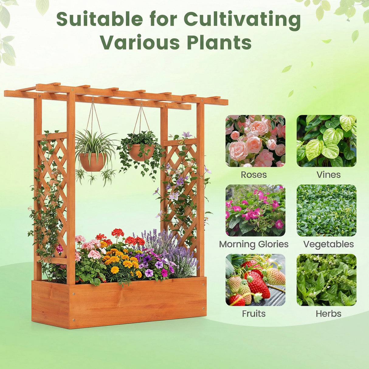 45 inch Tall Wooden Raised Garden Bed with Side Trellis and Hanging Roof-Orange