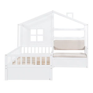 House Bed With Sofa, Kids Platform Bed With 2 Drawers And Storage Shelf by Couch.com