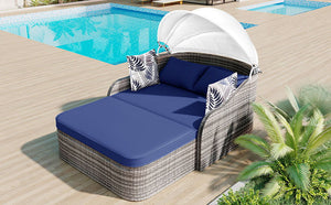 Outdoor Sunbed With Adjustable Canopy, Daybed With Pillows, Double Lounge, PE Rattan Daybed by Couch.com