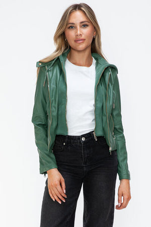 Women Classic Snobbish Faux Leather Zip-Up Drawstring Hooded Jacket Edgy & Casual PU Leather Jacket For Streetwear