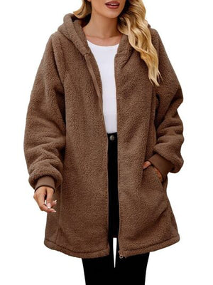 Comfortable Fuzzy Pocketed Zip-Up Long Sleeve Hooded Jacket Cozy & Warm Soft Outerwear For Winter