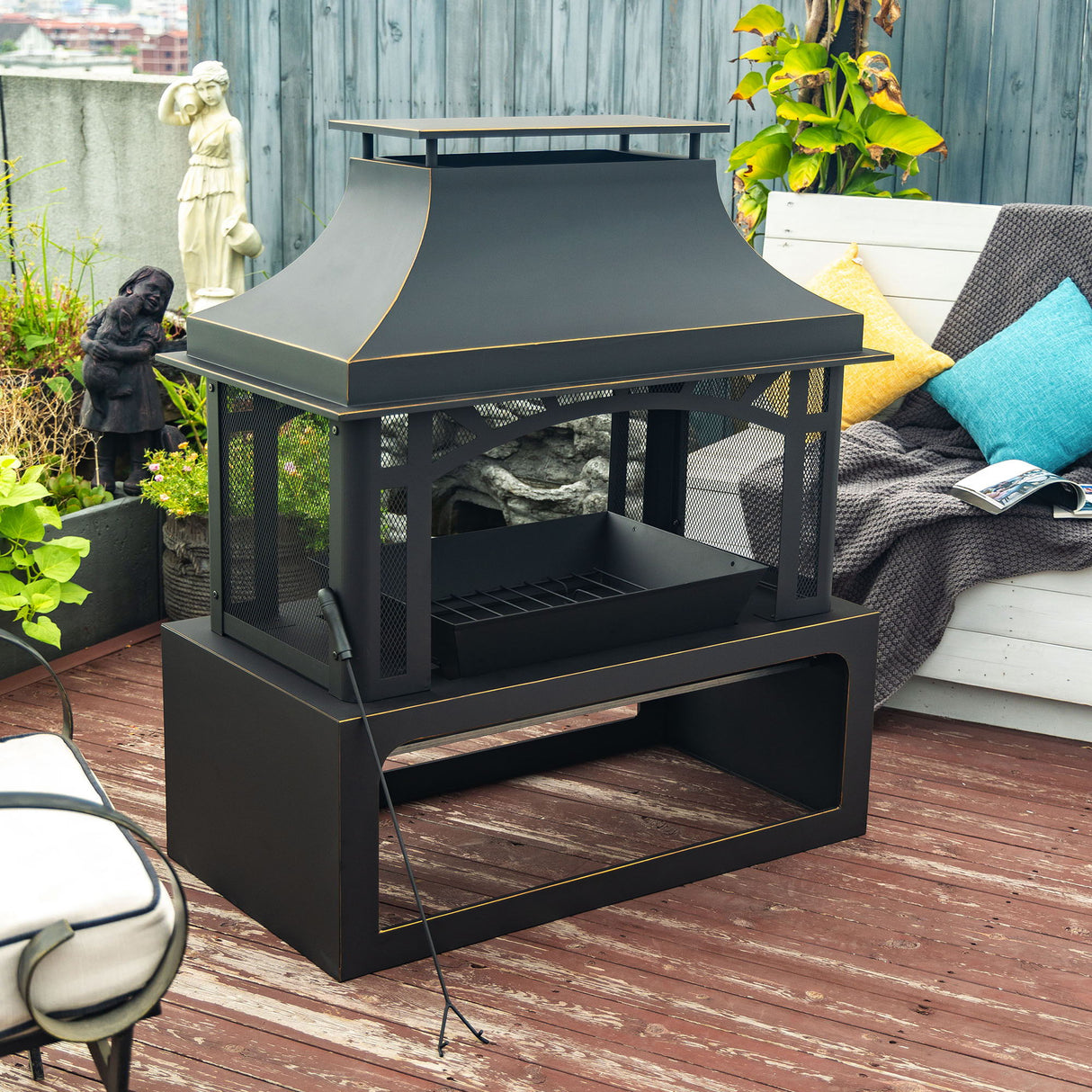 40" Wood Burning Fireplace, 50000 Btu Steel Fire Pit, Wood Burning Chimney For Outside Patio Deck Garden Backyard - Black by Couch.com