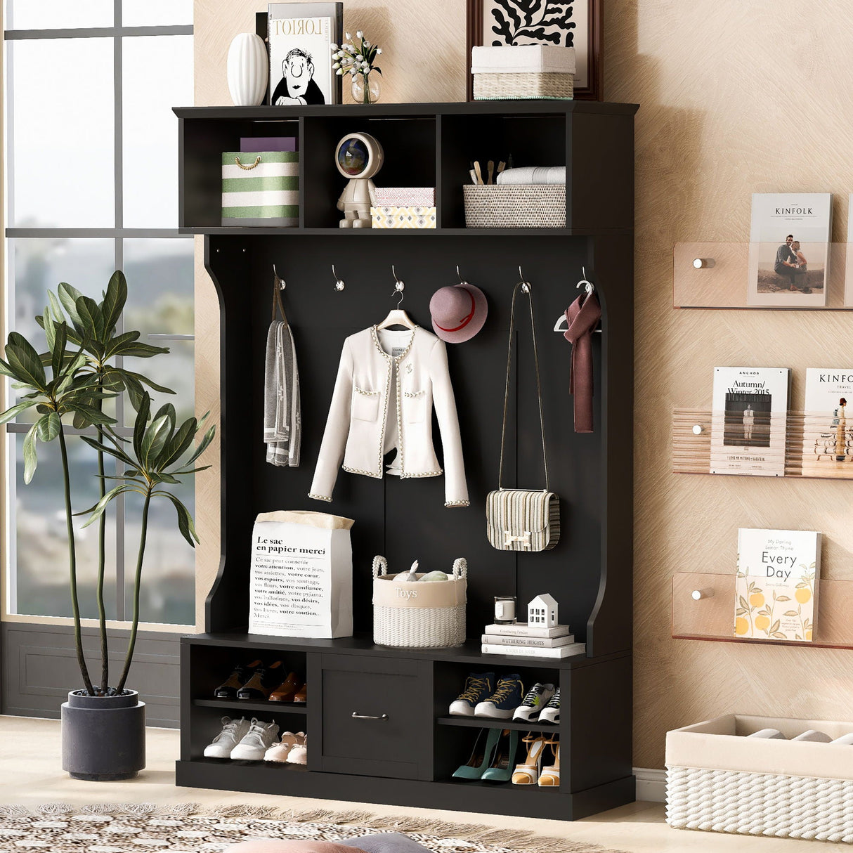 Hall Tree With 6 Hooks, Coat Hanger, Entryway Bench by Couch.com