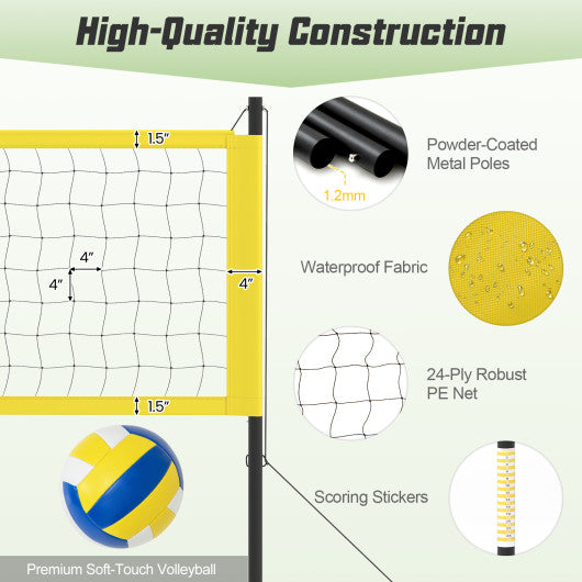 Portable Outdoor Volleyball Net Set Heavy-Duty Volleyball Net System-Yellow