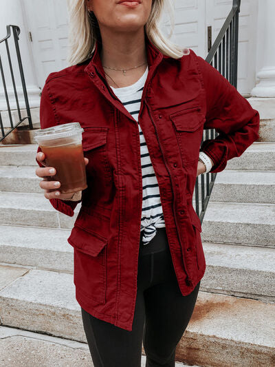 Retro Pocketed Long Sleeve Zip-Up Jacket Lightweight & Stylish Outerwear for Everyday Wear