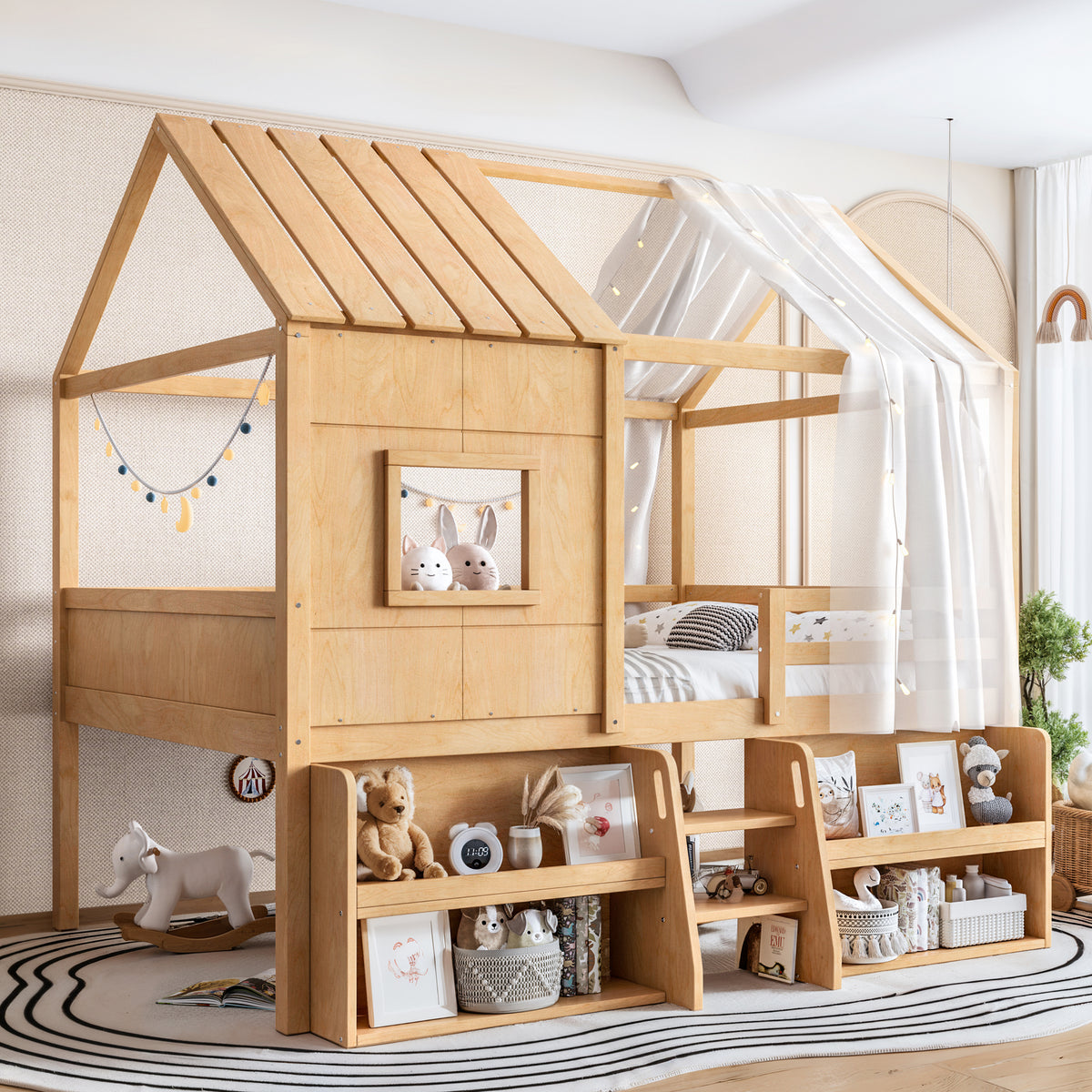 Full Size Loft Bed with Storage Shelves and Stairs, House Loft Bed with Playhouse Roof and Window, No Box Spring Needed, Natural