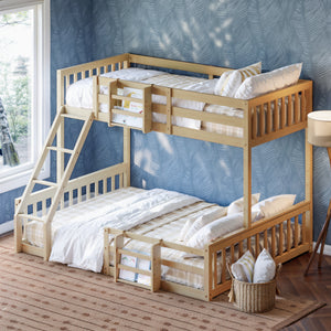 Twin Over Full Floor Bunk Bed with Ladder and Bookshelf, Space-Saving, Noise-Free, No Box Spring Needed,Natural