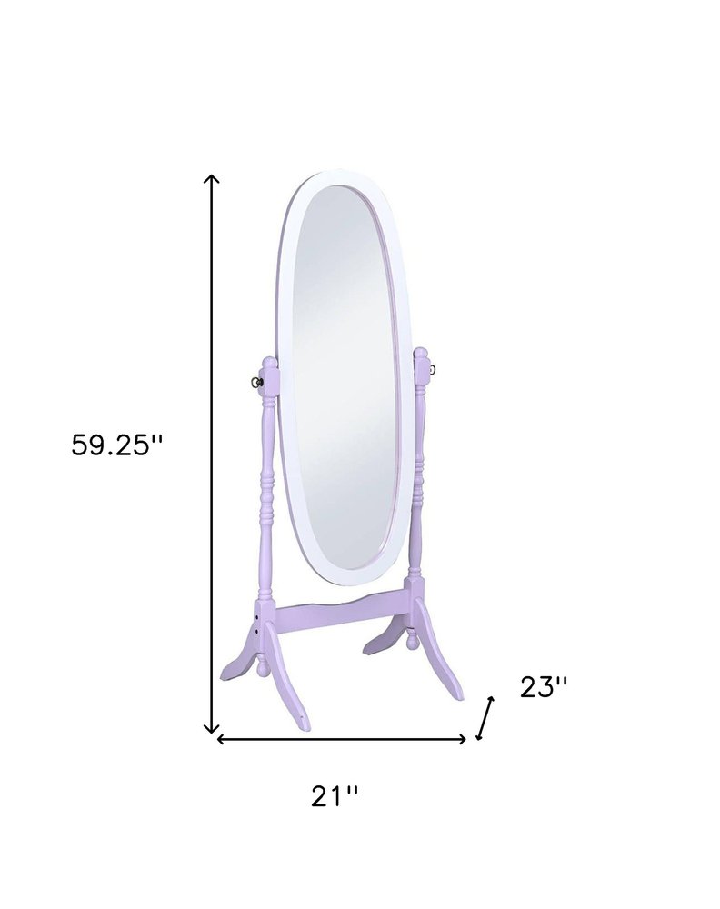 59" Purple And White Wood Freestanding Oval Framed Cheval Mirror