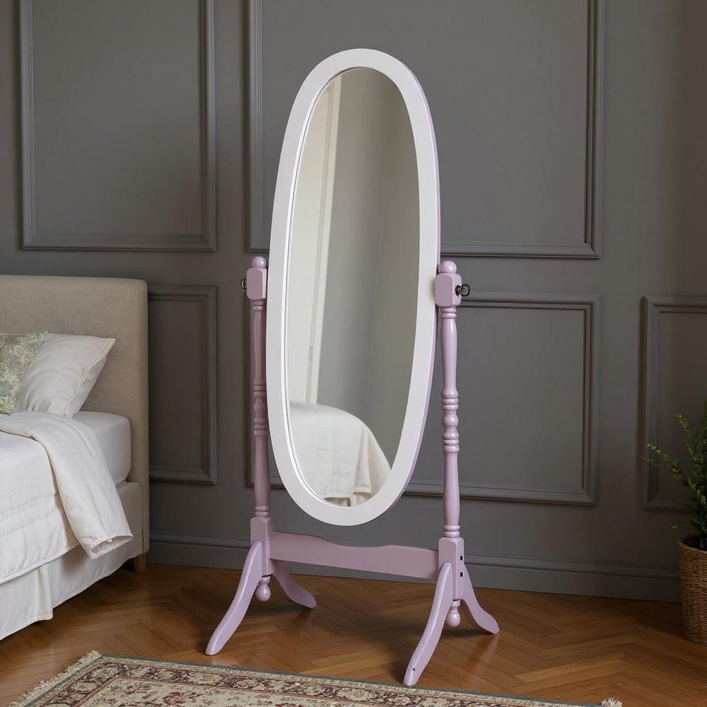59" Purple And White Wood Freestanding Oval Framed Cheval Mirror