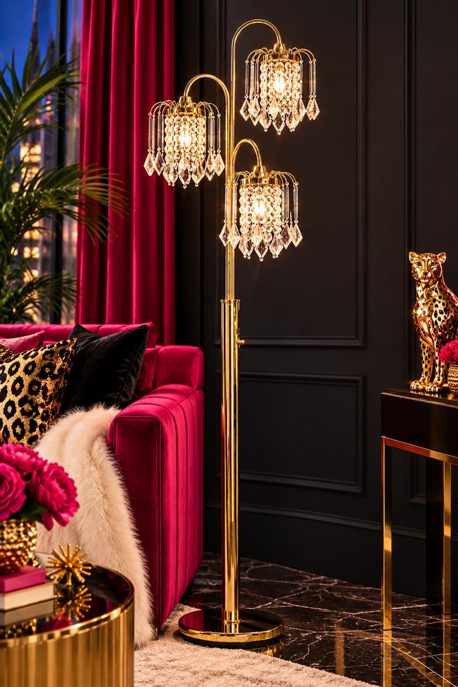 63" Gold Three Lights Candelabra Floor Lamp With Clear Faux Crystal Shades