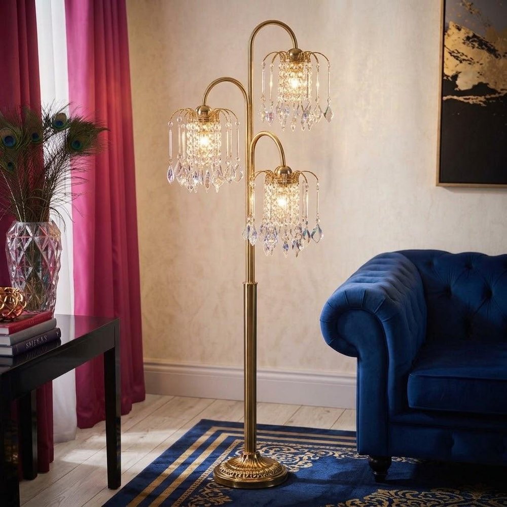 63" Gold Three Lights Candelabra Floor Lamp With Clear Faux Crystal Shades