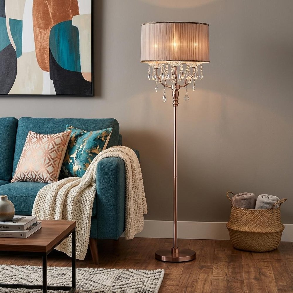 62" Silver Three Light Candelabra Floor Lamp With Pink Fabric Drum Shade
