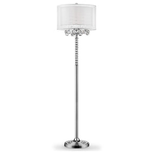 63" Silver Three Light Candelabra Floor Lamp With White Fabric Drum Shade