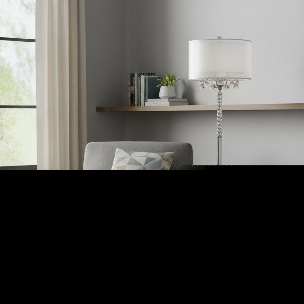 63" Silver Three Light Candelabra Floor Lamp With White Fabric Drum Shade