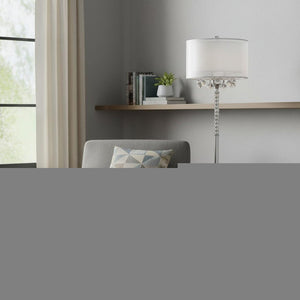 63" Silver Three Light Candelabra Floor Lamp With White Fabric Drum Shade