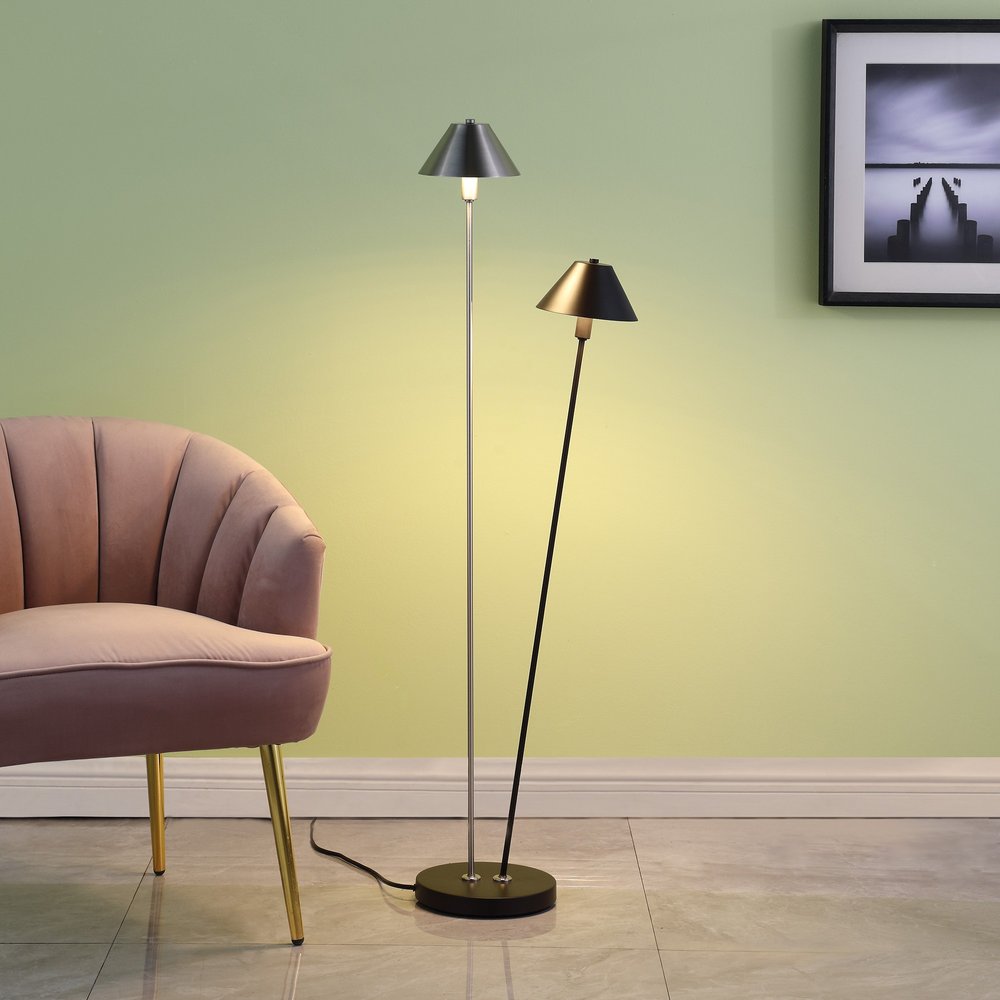 48" Black And Silver Two Light LED Novelty Floor Lamp With Black And Silver Metal Empire Shade