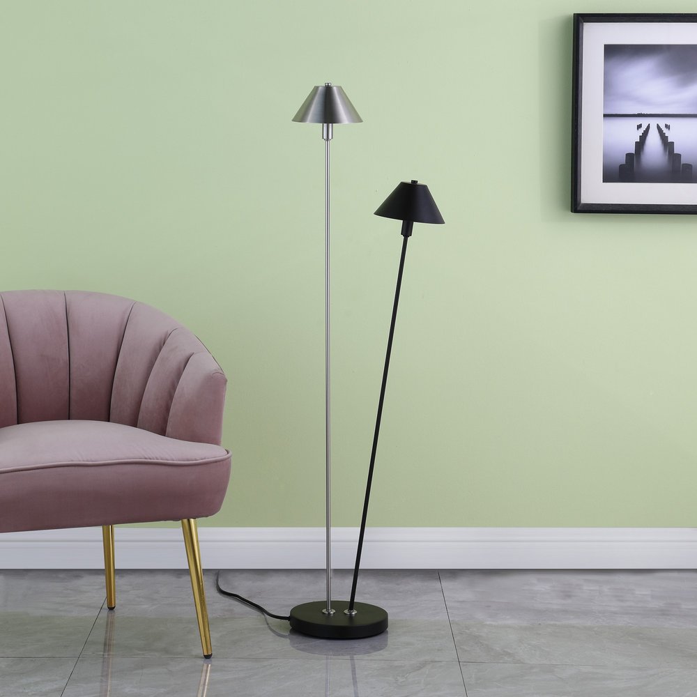 48" Black And Silver Two Light LED Novelty Floor Lamp With Black And Silver Metal Empire Shade