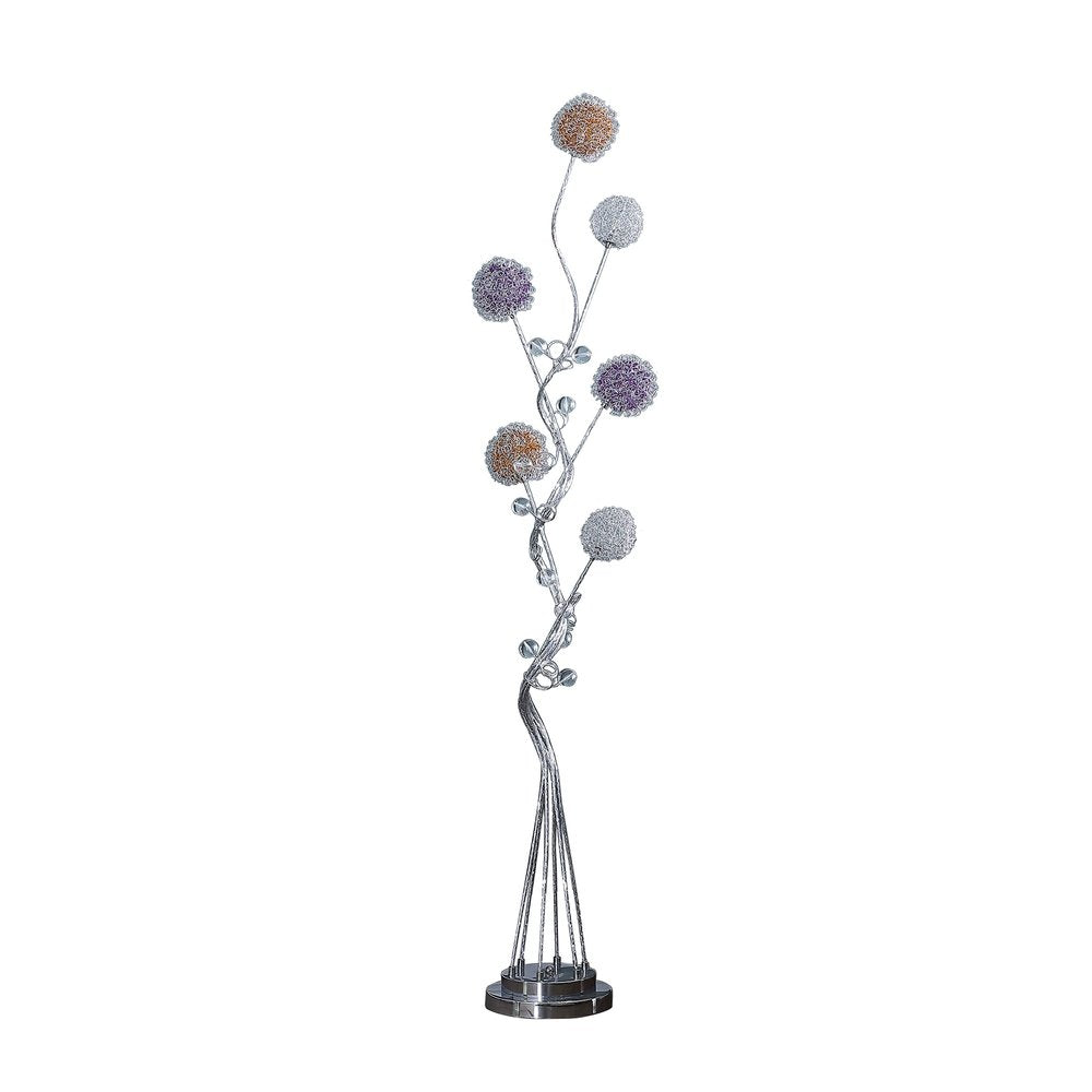 59" Silver Six Light LED Novelty Floor Lamp With Purple And White Metal Novelty Shade