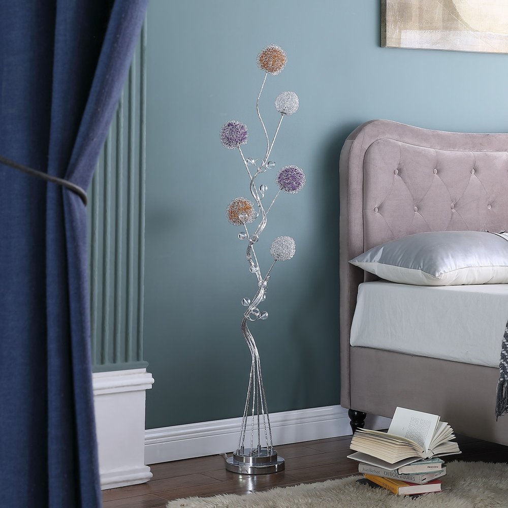 59" Silver Six Light LED Novelty Floor Lamp With Purple And White Metal Novelty Shade