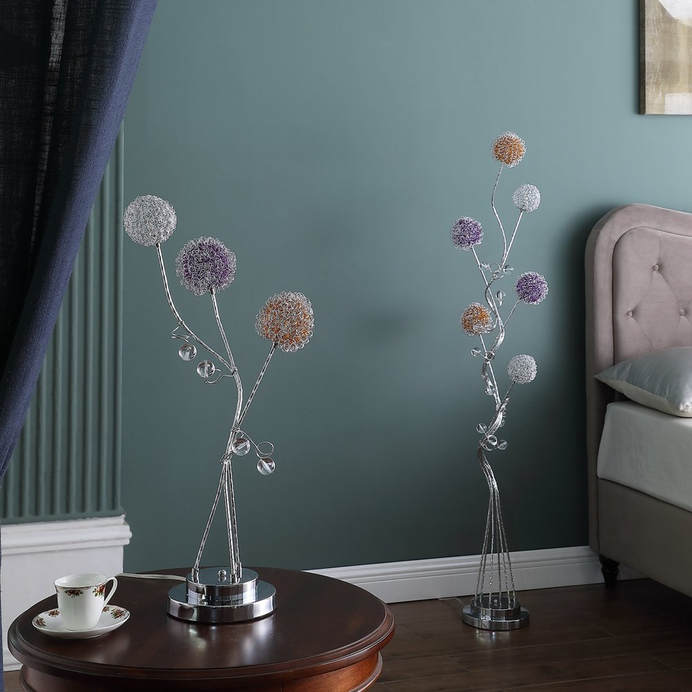 59" Silver Six Light LED Novelty Floor Lamp With Purple And White Metal Novelty Shade