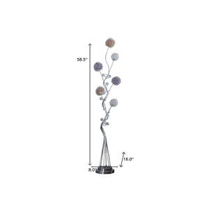 59" Silver Six Light LED Novelty Floor Lamp With Purple And White Metal Novelty Shade