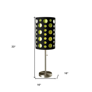 33" Silver Metal Mod Table Lamp With Black And Green Drum Shade
