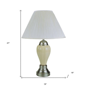 27" Ivory and Silver Ceramic Urn Table Lamp With White Empire Shade