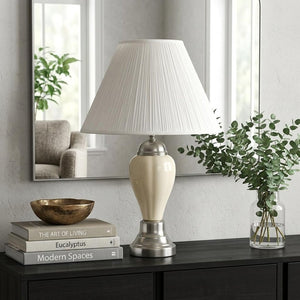 27" Ivory and Silver Ceramic Urn Table Lamp With White Empire Shade
