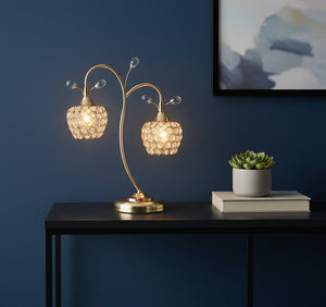 17" Gold Two Light Bedside Table Lamp With Clear Novelty Shade