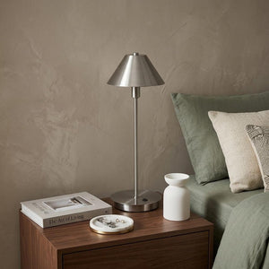 17" Silver Metal Bedside Table Lamp With Silver Cone Shade