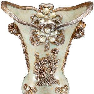 16" Green Bronze and Silver Floral Trumpet Polyresin Table Vase With Stones