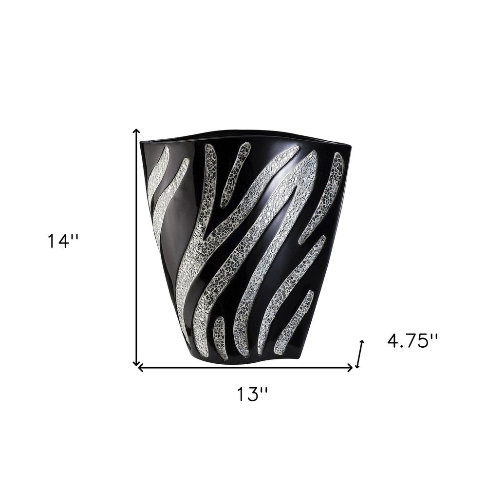 14" Black And Silver Striped Wavy Polyresin Table Vase