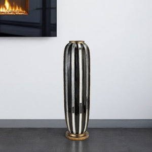 21" Black and Silver Striped Cylinder Polyresin Floor Vase