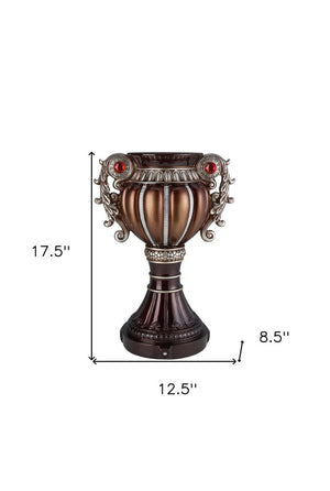 18" Bronze and Silver Floral Urn Polyresin Table Vase With Stones