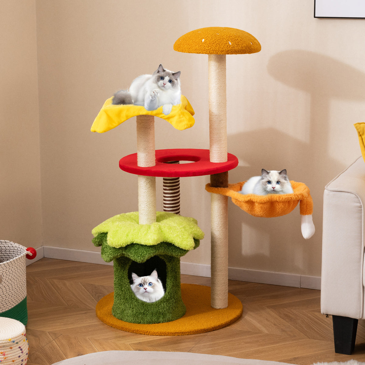 46 Inch Tall Cat Tree Multi-Level with Padded Perch and Hanging Basket Bed-Yellow