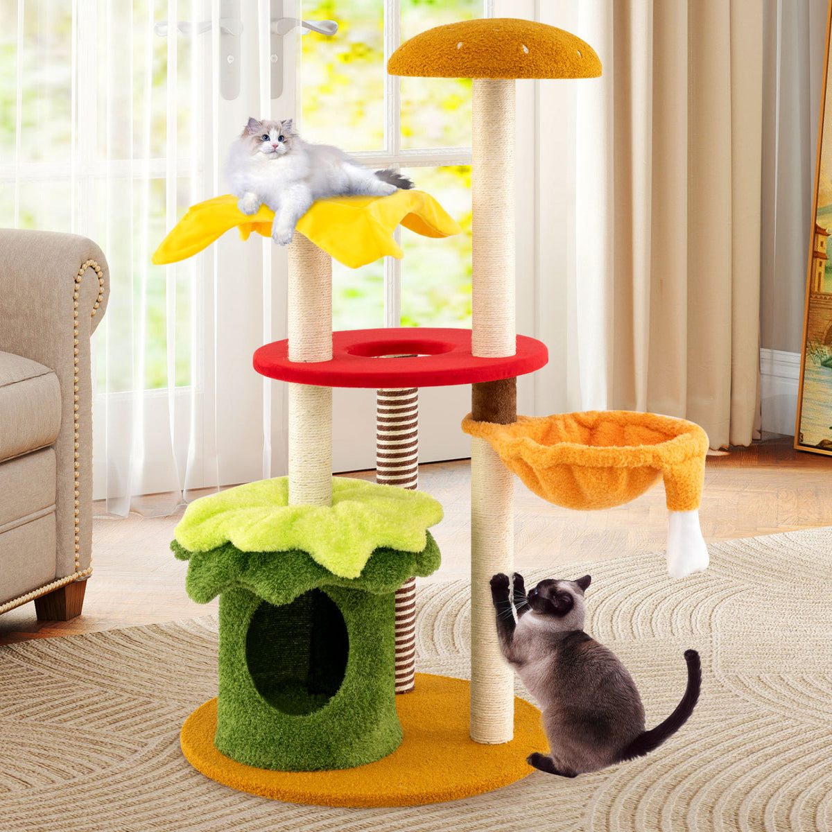 46 Inch Tall Cat Tree Multi-Level with Padded Perch and Hanging Basket Bed-Yellow