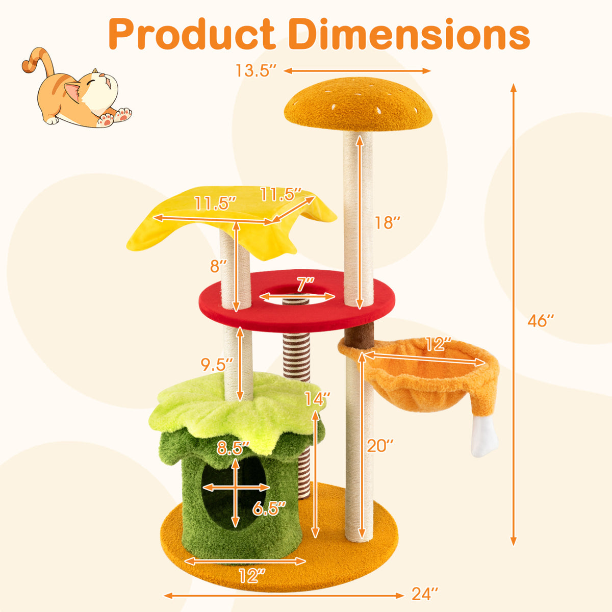 46 Inch Tall Cat Tree Multi-Level with Padded Perch and Hanging Basket Bed-Yellow