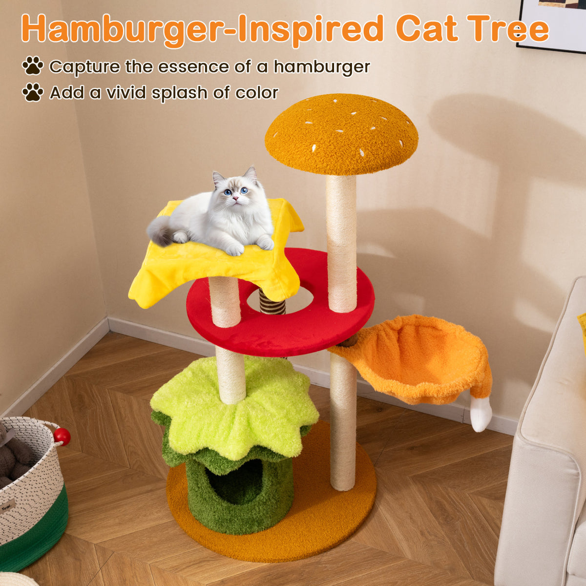 46 Inch Tall Cat Tree Multi-Level with Padded Perch and Hanging Basket Bed-Yellow