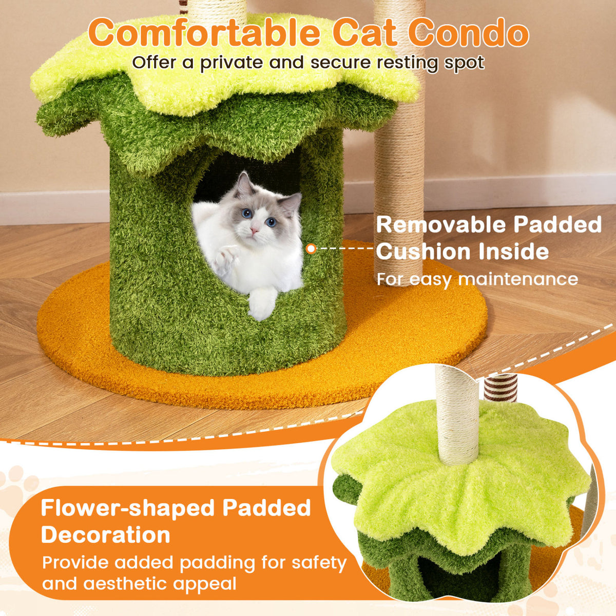 46 Inch Tall Cat Tree Multi-Level with Padded Perch and Hanging Basket Bed-Yellow