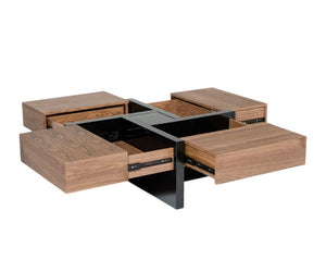 39" Brown and Black Wood Square Solid Coffee Table With Four Drawers