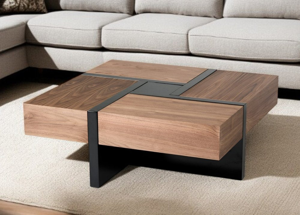39" Brown and Black Wood Square Solid Coffee Table With Four Drawers